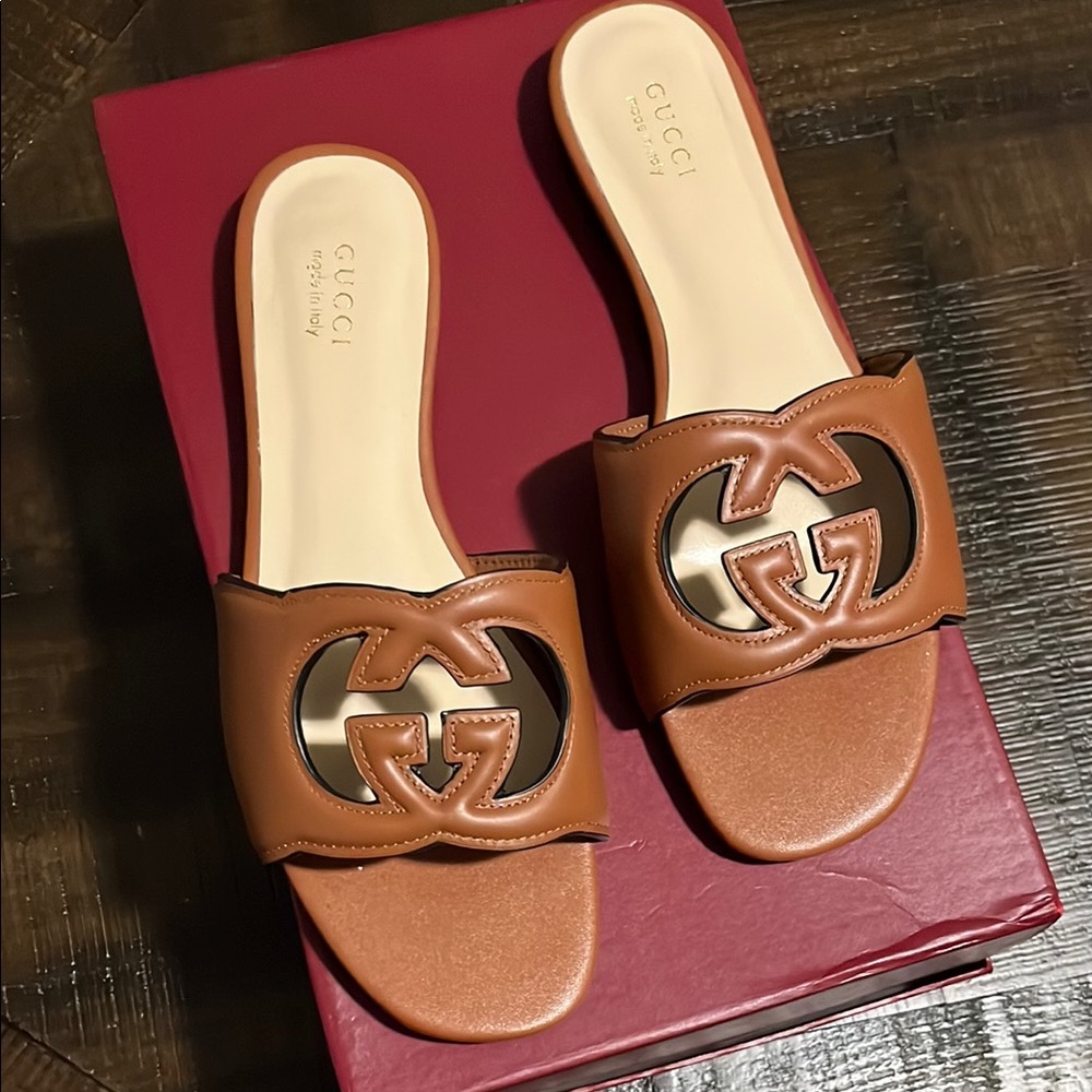 Gucci Tan Sandals with Iconic GG Logo